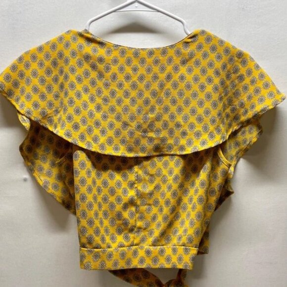 june & hudson Summer Top Women's Small Yellow Floral Open Front Tie Wrap Blouse - Picture 3 of 11
